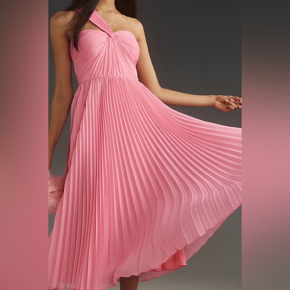 ML Monique Lhuillier Anthropologie Lindsay 10/M Pink 1-Shoulder Chiffon Pleated